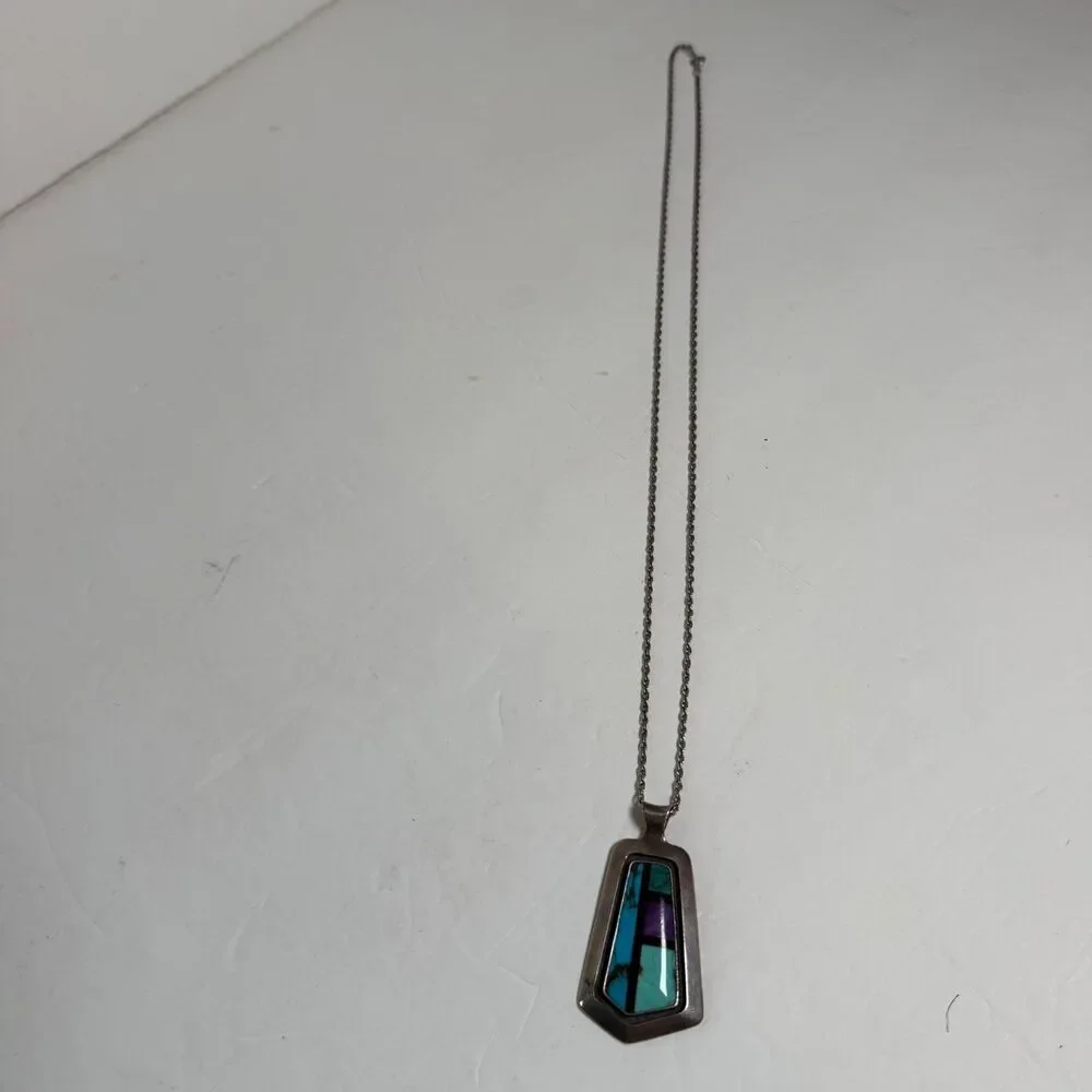 Sterling Silver Southwest Inlay Pendant Necklace Turquoise Sugilite 24